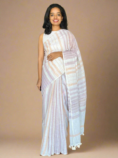 White  Linen Saree With Woven Brown and Orange Stripes