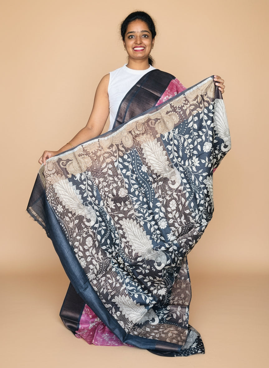 Pink and Black Tussar Silk Saree with Prints