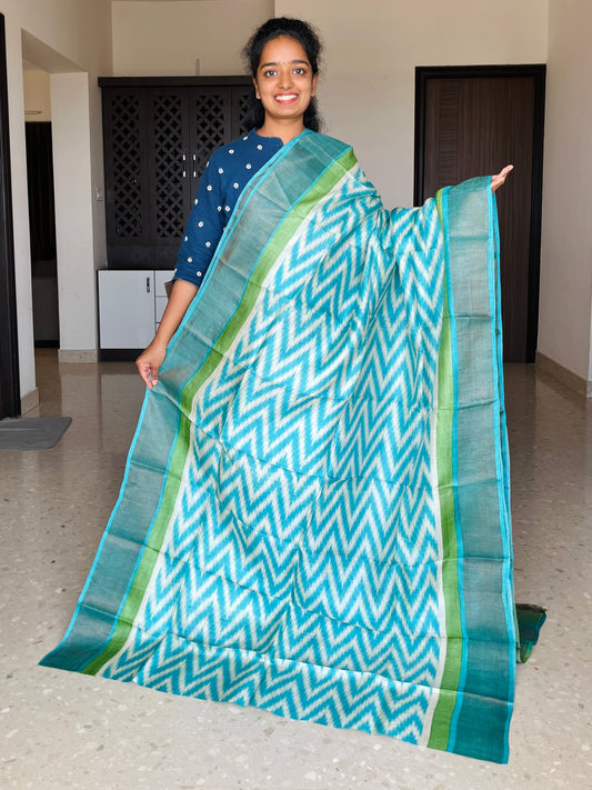 Sky Blue and Green Tussar Silk Saree with Prints
