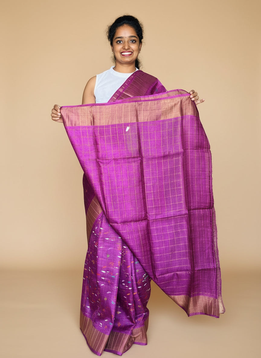 Purple Tussar Silk Saree with Prints