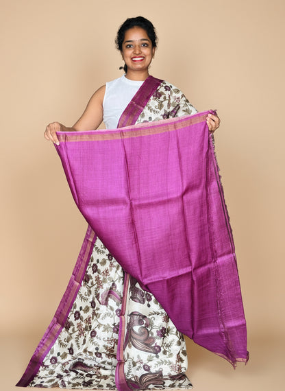 Cream and Magenta Tussar Silk Saree with Prints