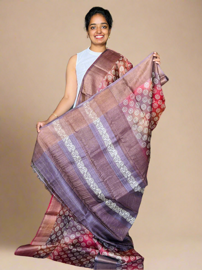 Brown Tussar Silk Saree with Prints