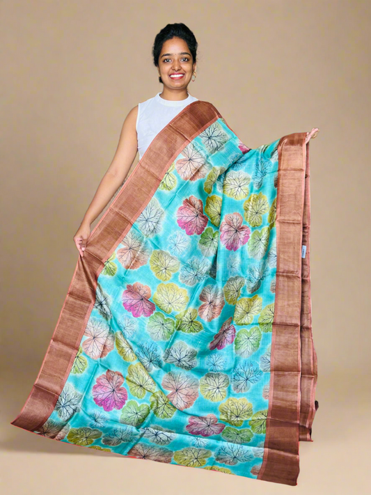 Ice Blue and Brown Tussar Silk Saree with Prints