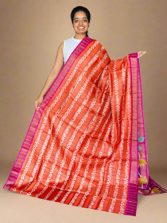 Orange and Magenta Tussar Silk Saree with Print