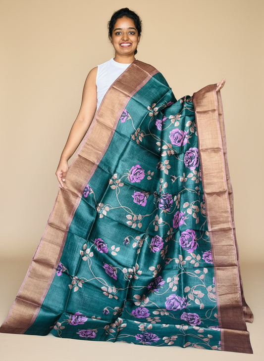 Green and Brown Tussar Silk Saree with Prints