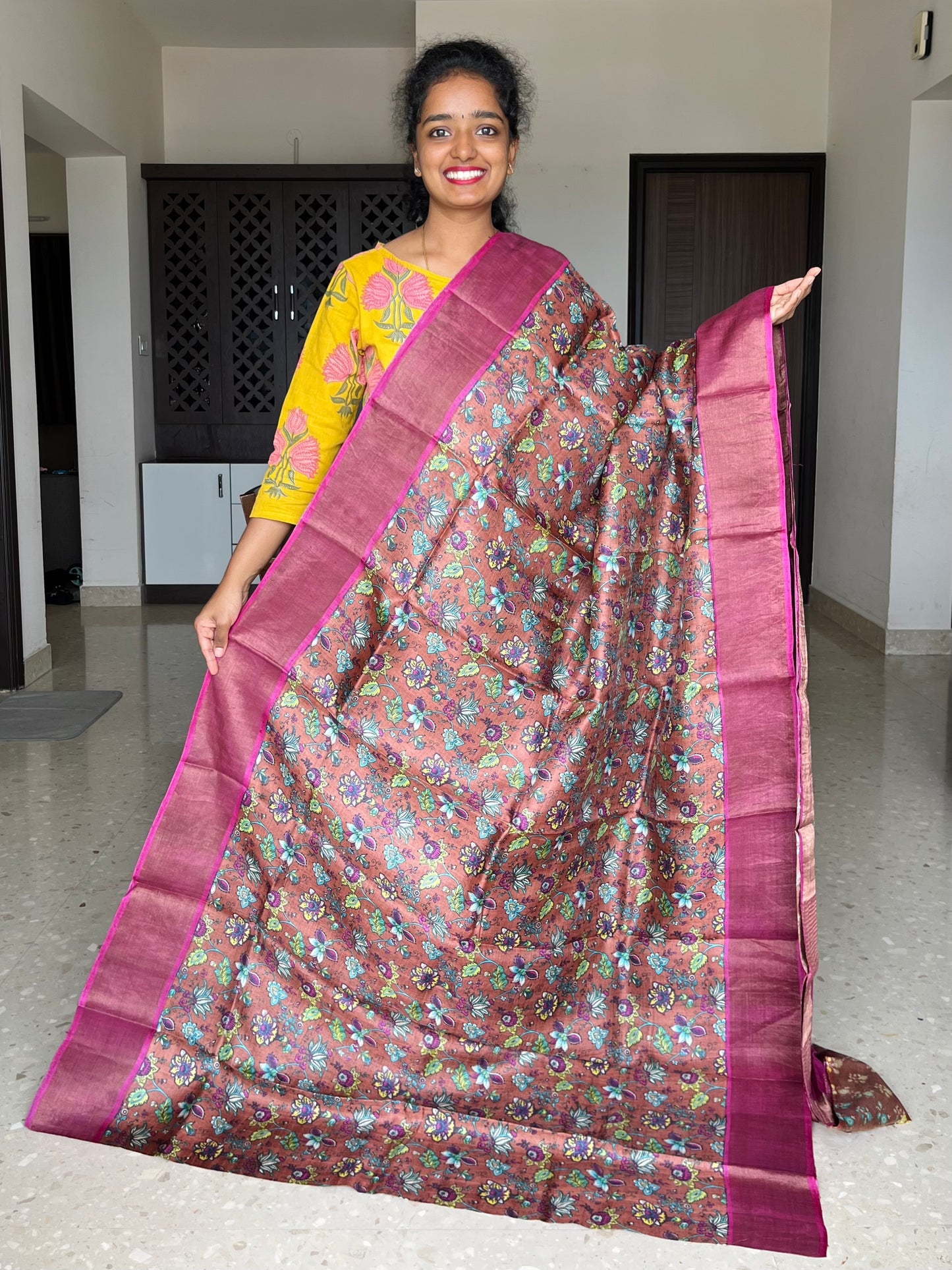 Brown and Pink Tussar Silk Saree with Prints