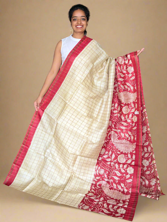 Cream and Red Tussar Silk Saree with Prints