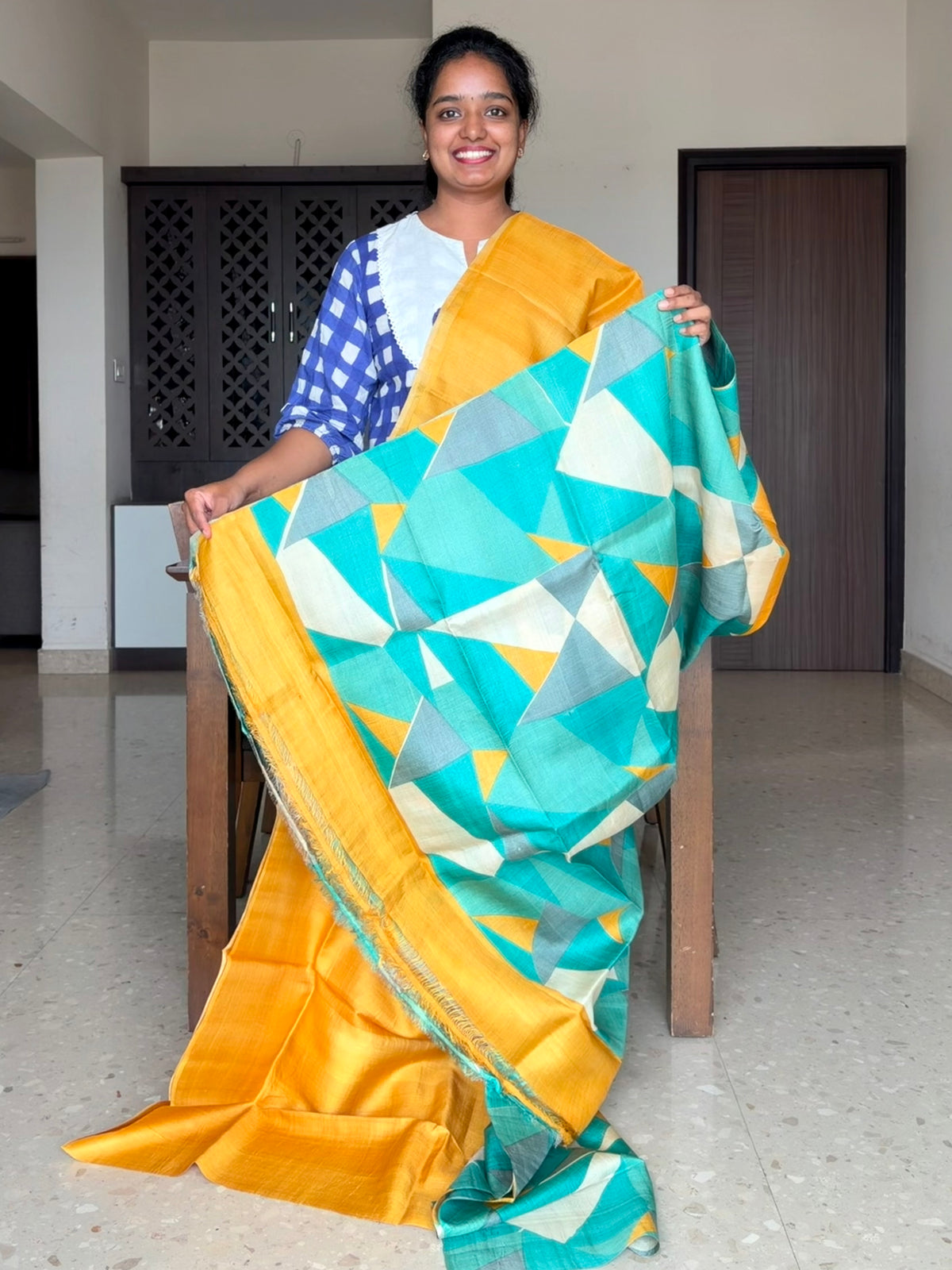 Mustard Tussar Silk Saree with Prints