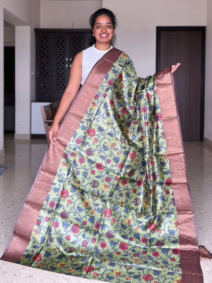 Green and Brown Tussar Silk Saree with Prints
