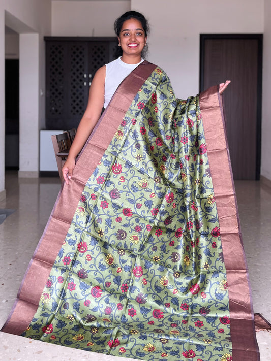 Green and Brown Tussar Silk Saree with Prints