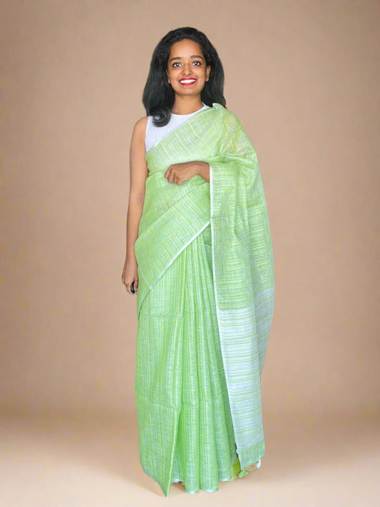 Green Linen Saree With Woven Stripes