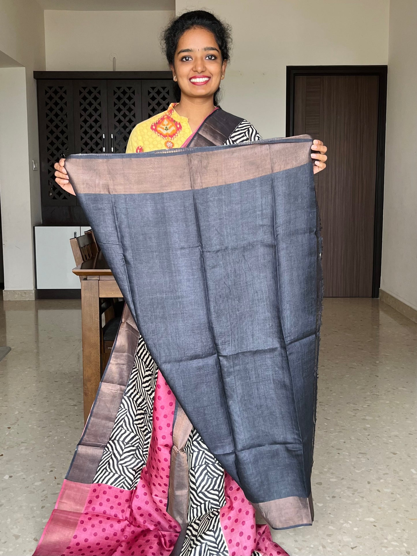 Pink and Black Tussar Silk Saree with Prints