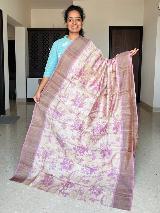 Cream and Pastel Pink Tussar Silk Saree with Prints