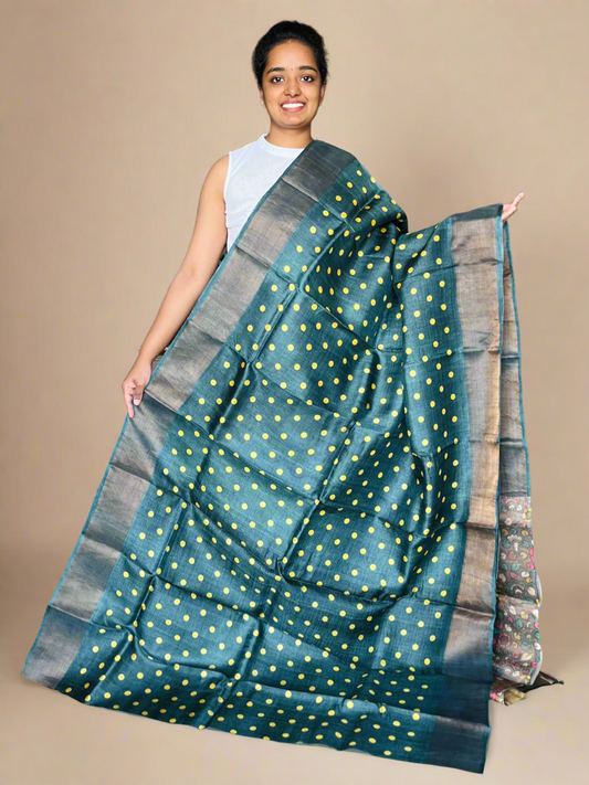 Dark Green Tussar Silk Saree with Prints