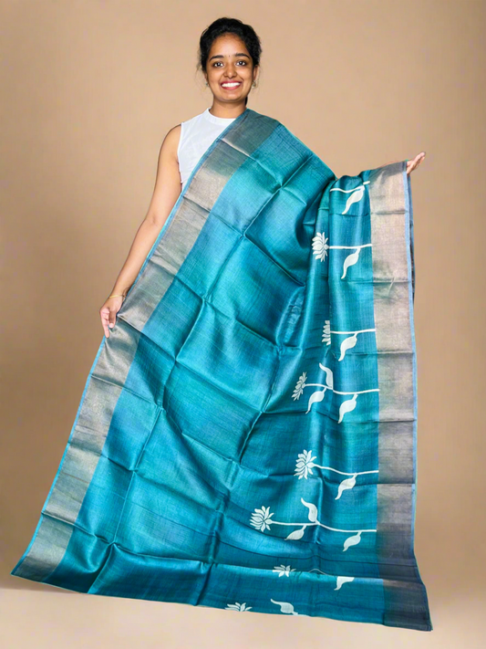 Peacock Green Tussar Silk Saree with Prints