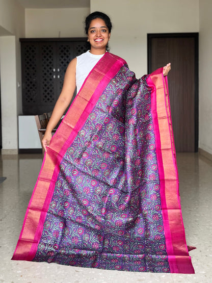Purple and Pink Tussar Silk Saree with Prints
