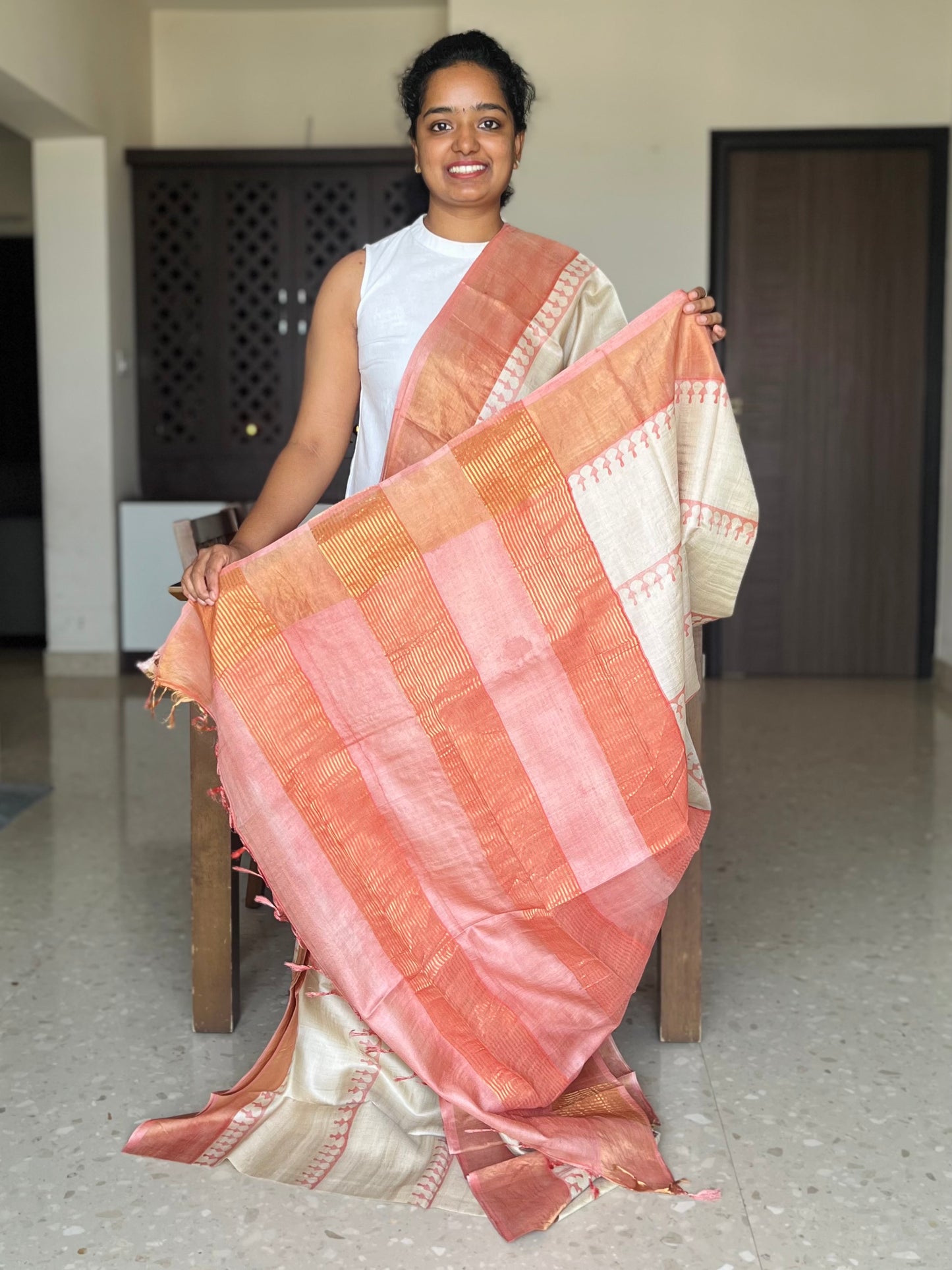 Cream and Peach Tussar Silk Saree with Prints