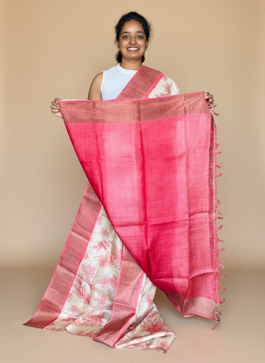 Cream and Peach Tussar Silk Saree with Prints