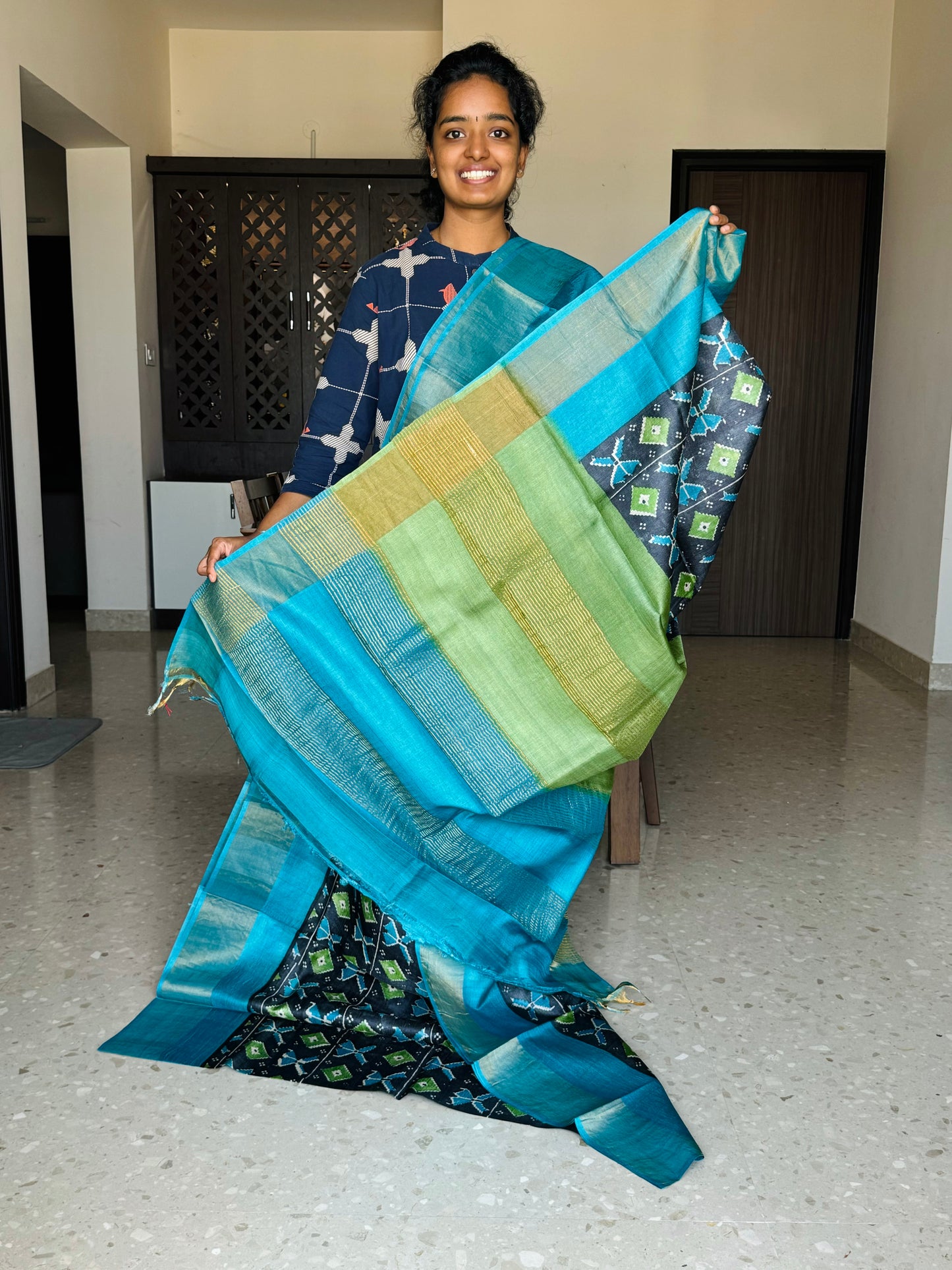 Black and Blue Tussar Silk Saree with Prints