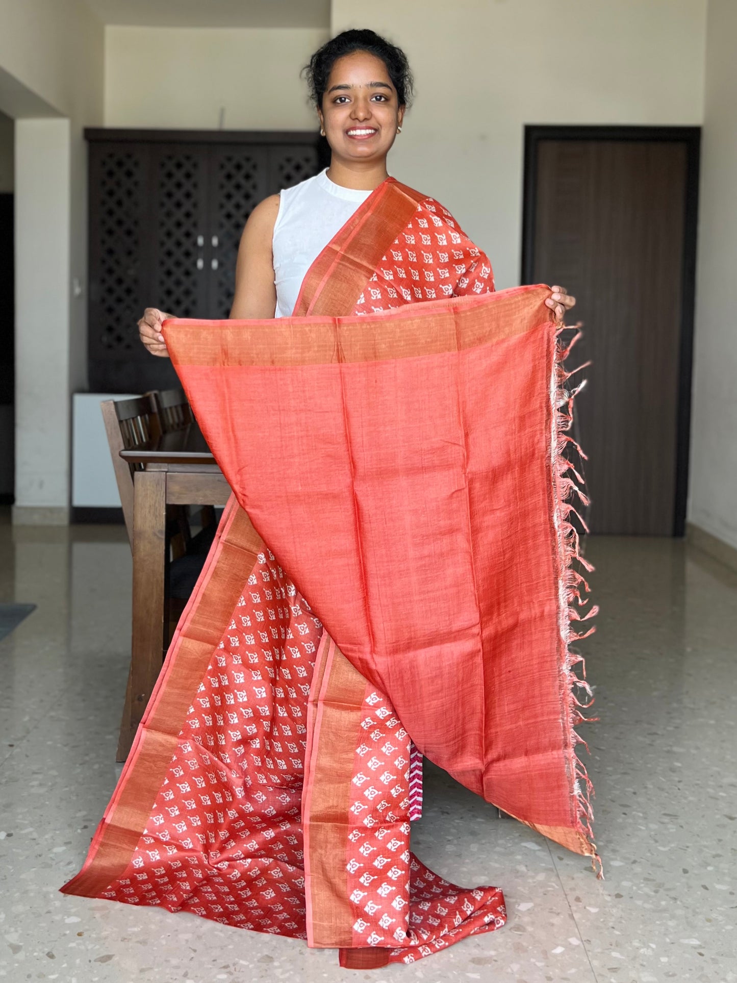 Orange Tussar Silk Saree with Prints