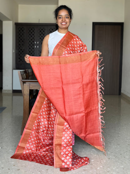 Orange Tussar Silk Saree with Prints