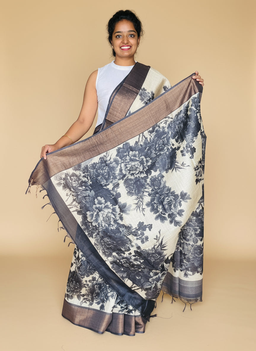 Cream and Black Tussar Silk Saree with Prints