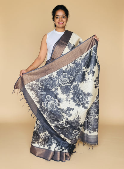 Cream and Black Tussar Silk Saree with Prints