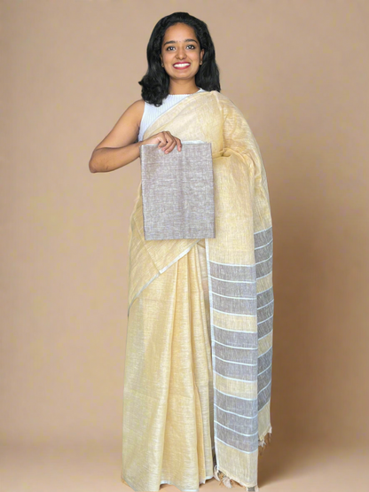 Yellow and Grey Linen Saree