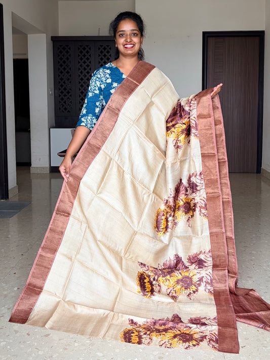 Cream and Brown Tussar Silk Saree with Prints