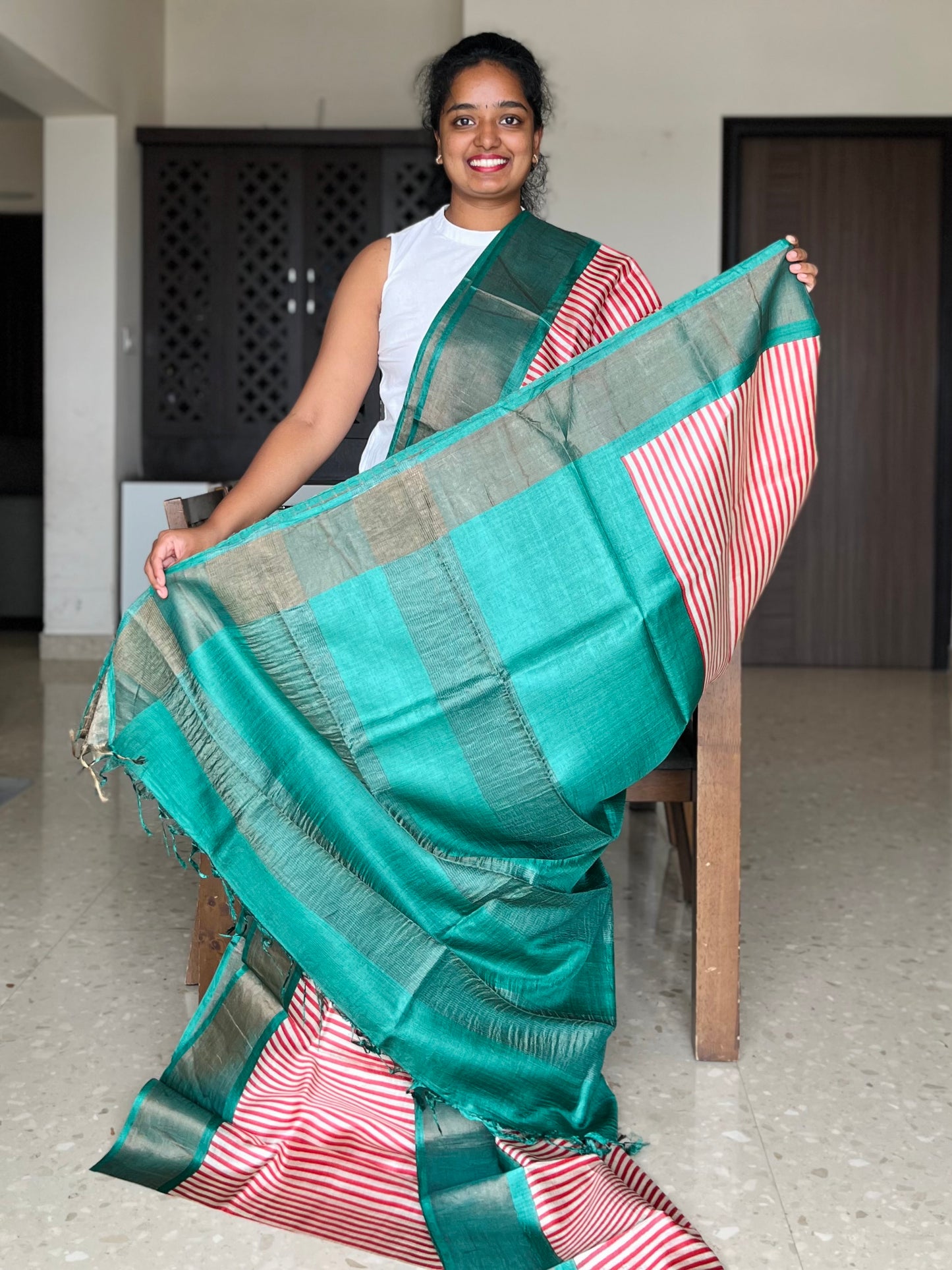Red and Green Tussar Silk Saree with Prints