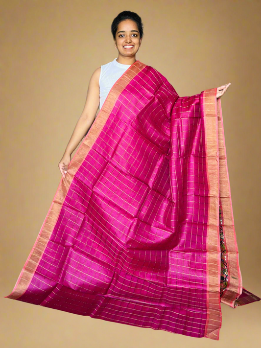 Pink and Peach Tussar Silk Saree with Prints
