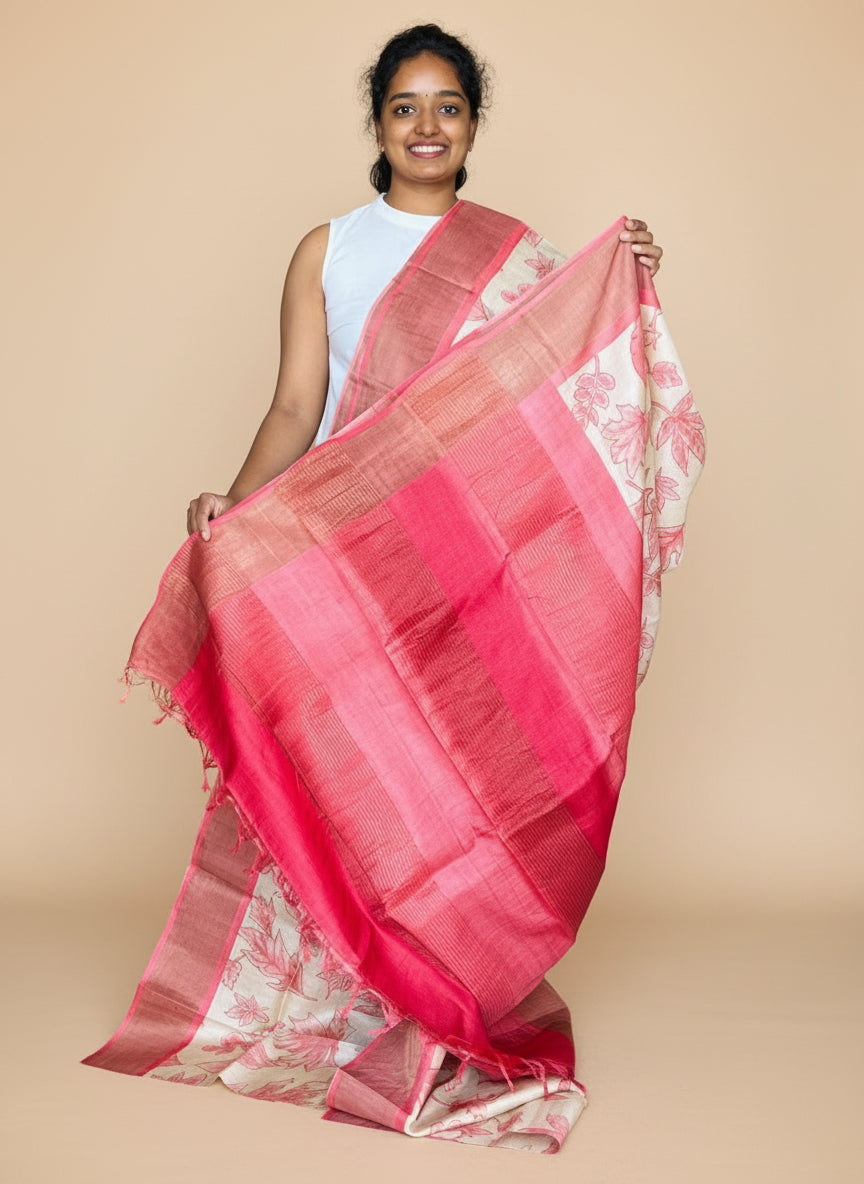 Cream and Peach Tussar Silk Saree with Prints