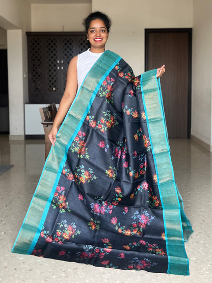 Black and Blue Tussar Silk Saree with Prints