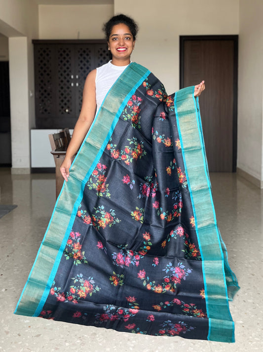 Black and Blue Tussar Silk Saree with Prints