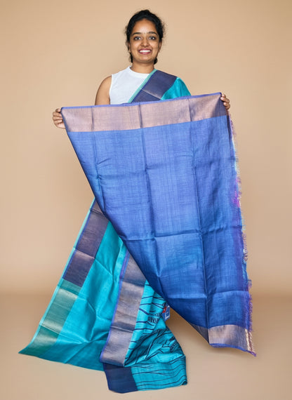 Blue Tussar Silk Saree with Prints