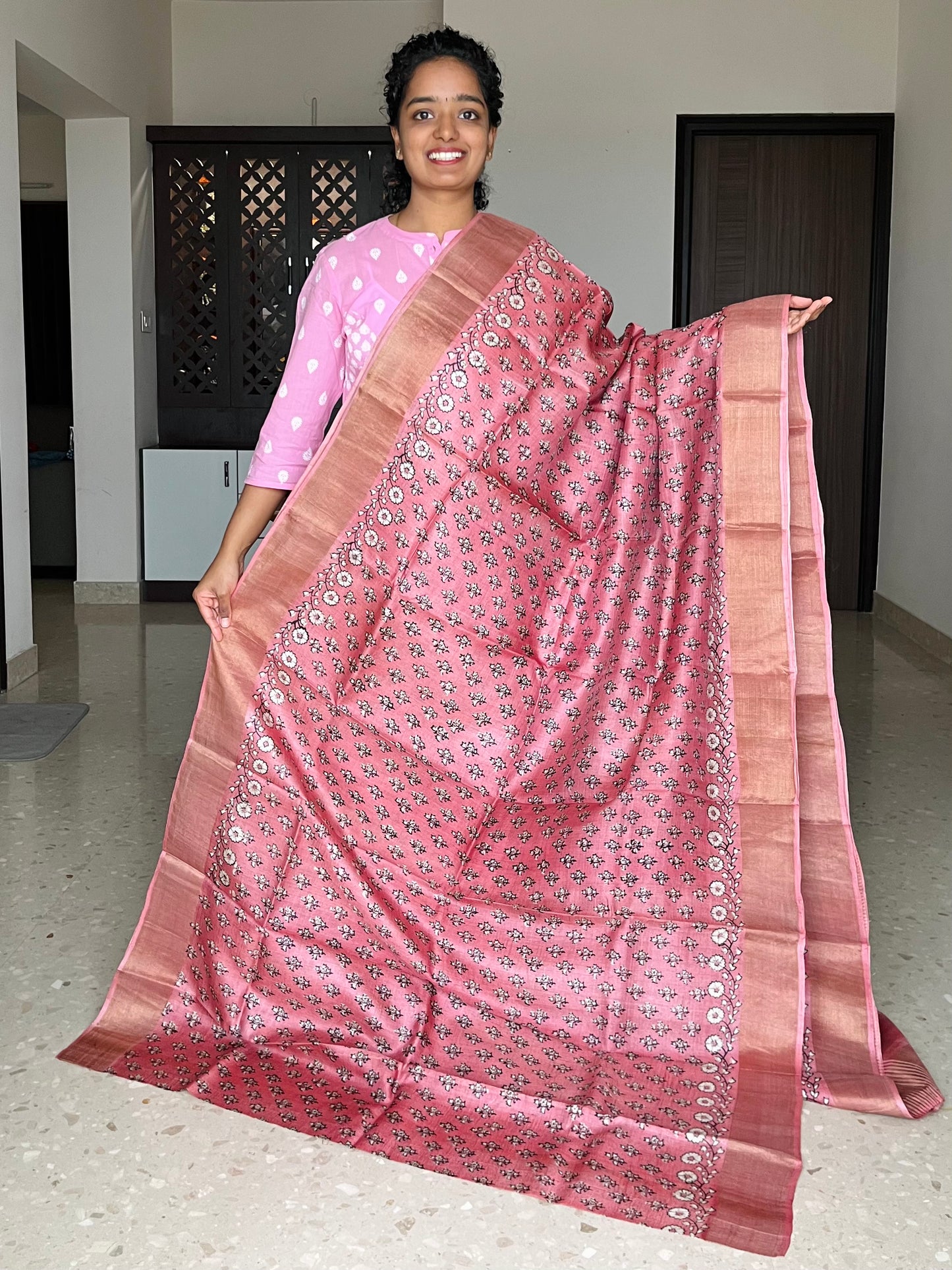 Peach Tussar Silk Saree with Prints