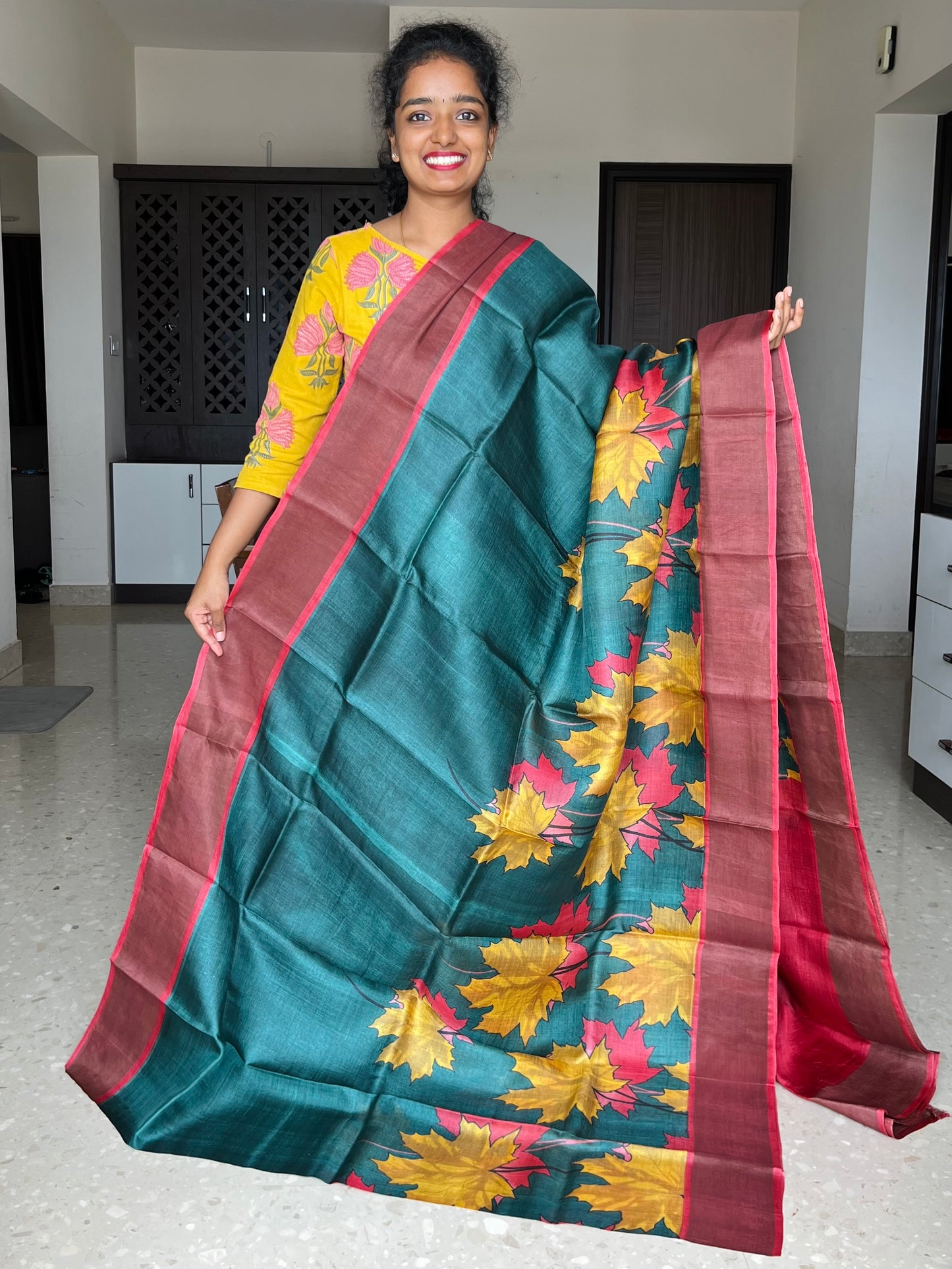 Dark Green and Red Tussar Silk Saree with Prints