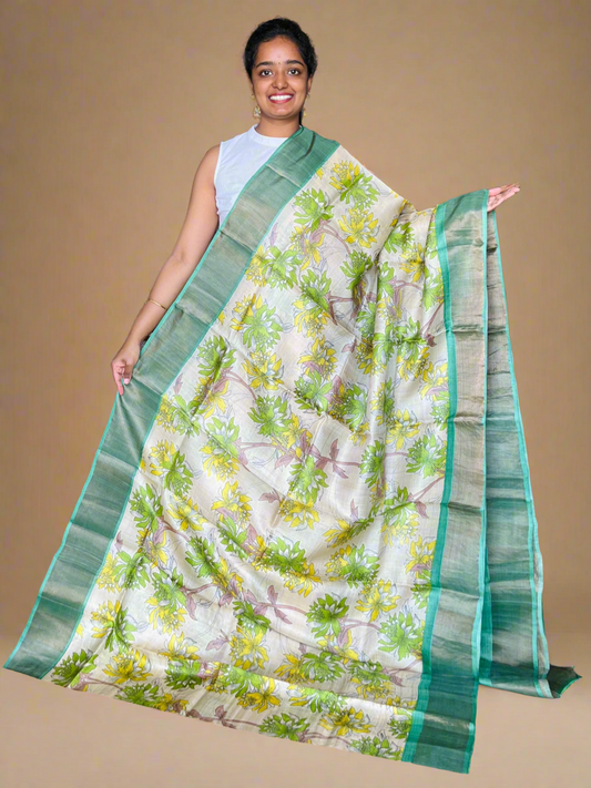 Cream and Green Tussar Silk Saree with Prints