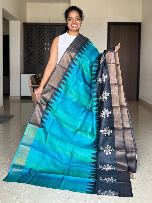Blue, Green and Black Tussar Silk Saree with Prints