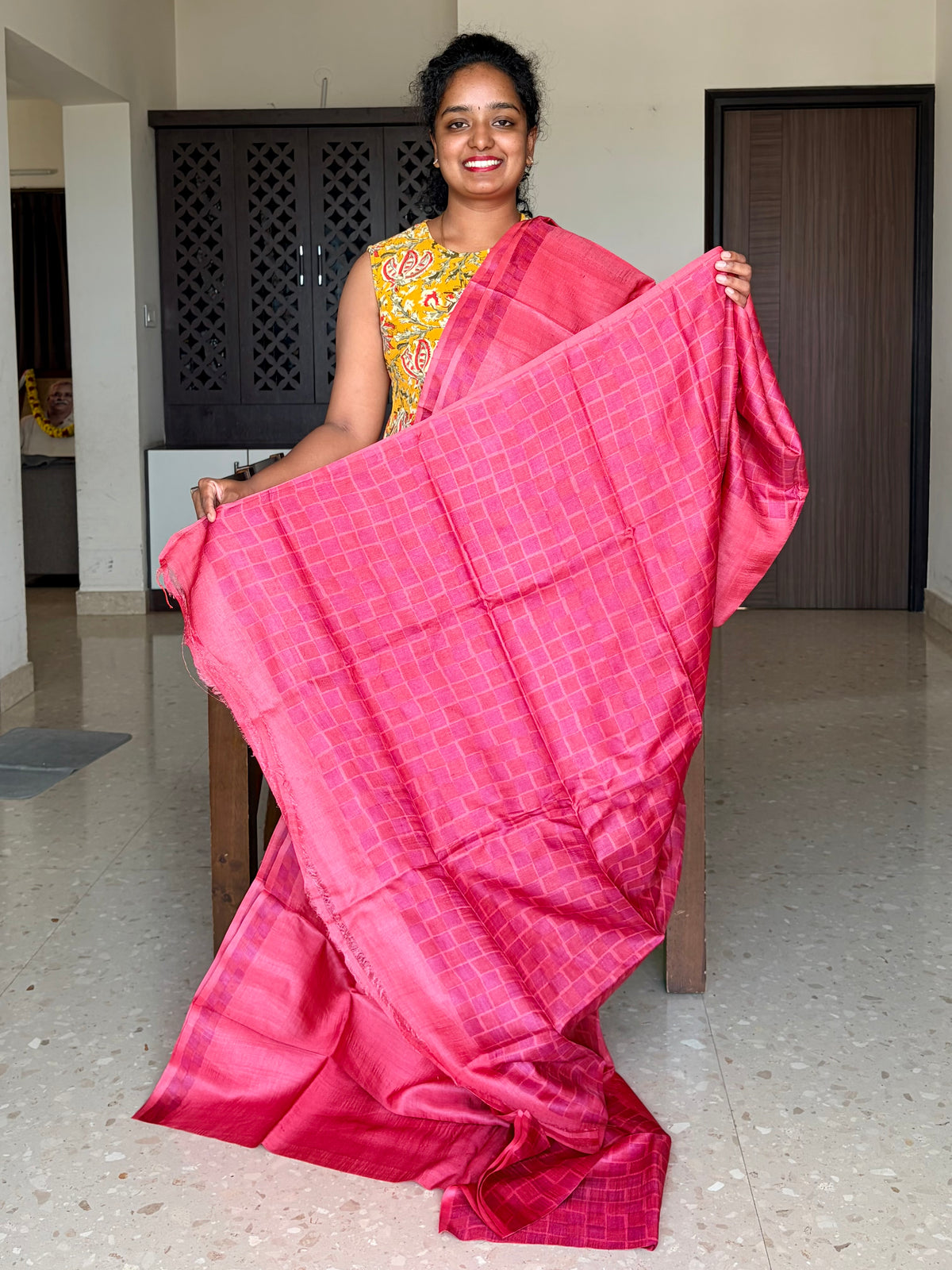 Peach Tussar Silk Saree with Prints