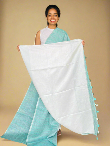 Cyan and Grey Linen Saree