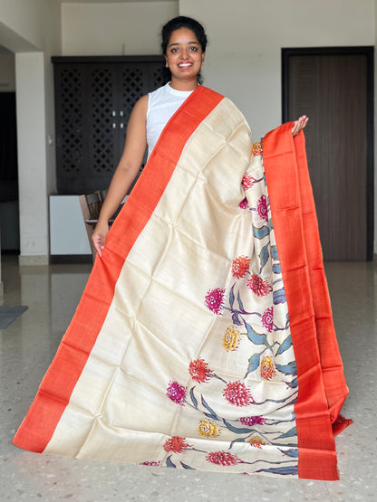Cream and Orange Tussar Silk Saree with Prints