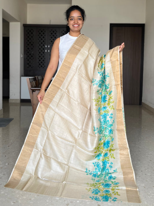 Cream Tussar Silk Saree with Prints