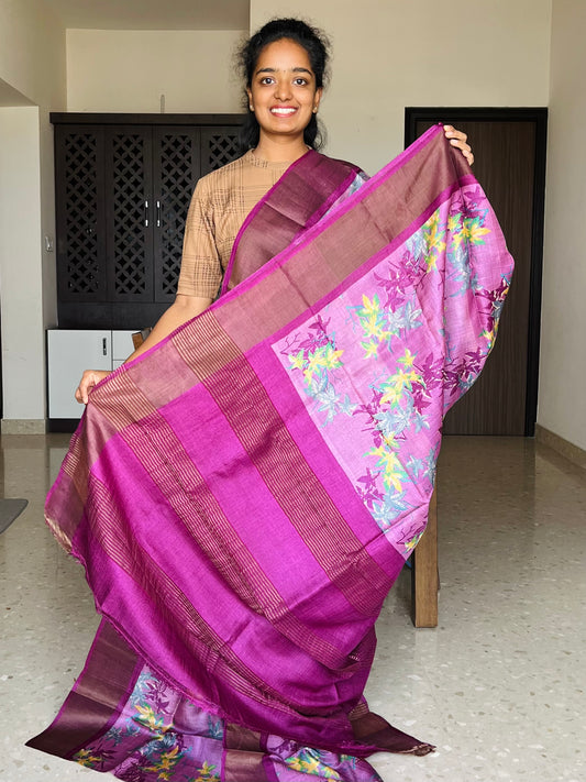 Purple Tussar Silk Saree with Prints