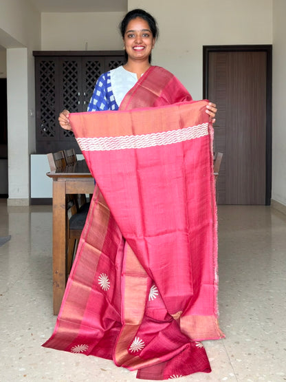 Red Tussar Silk Saree with Prints