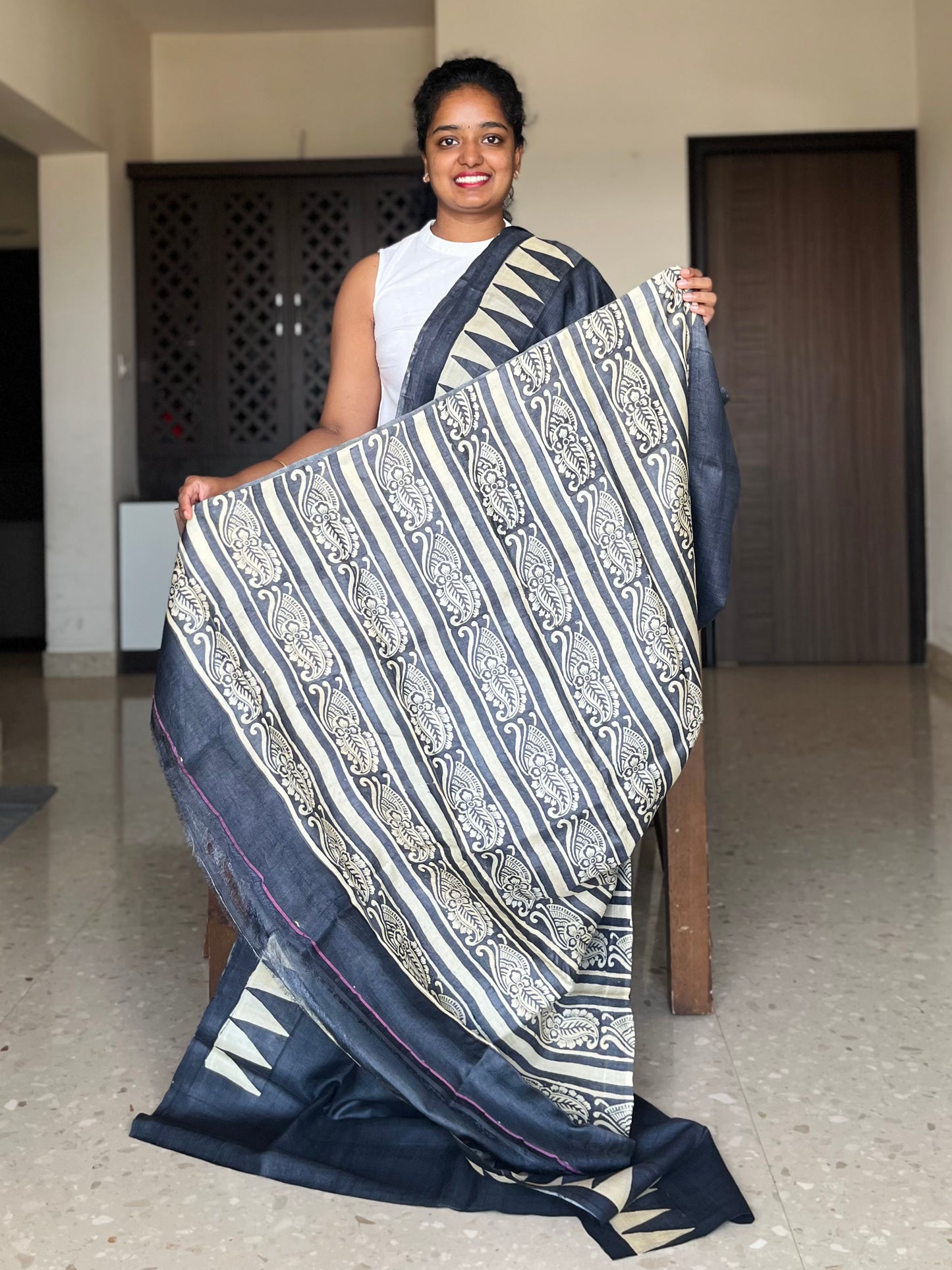Black and White Tussar Silk Saree with Prints
