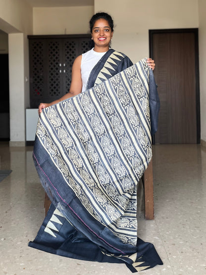 Black and White Tussar Silk Saree with Prints
