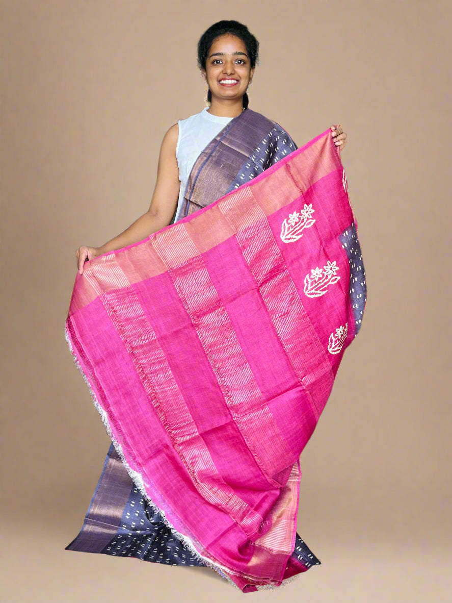 Plum and Magenta Tussar Silk Saree with Print
