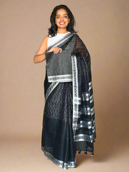 Black Linen Saree with Kantha Weaves