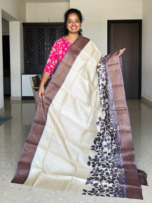 Cream and Brown Tussar Silk Saree with Prints